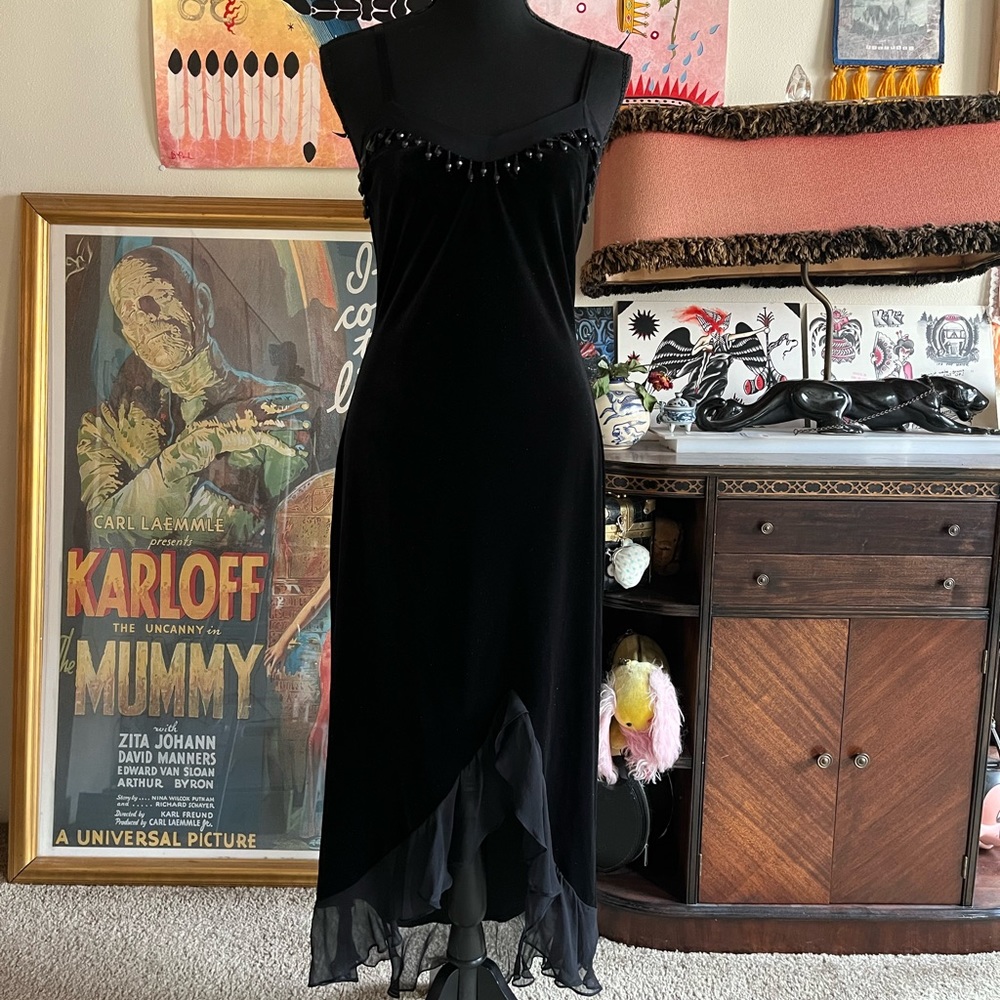 Vintage 90s betsey johnson black velvet beaded slip dress size medium